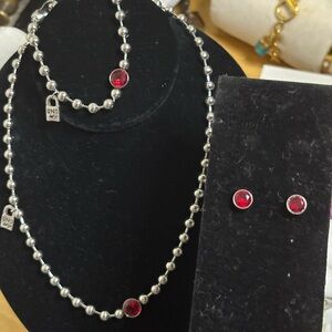 Stainless steel Necklace, earrings, and bracelet with Red Accents